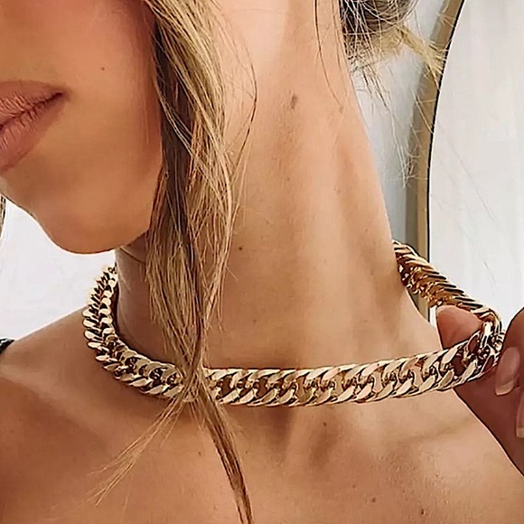 Gold Chain Link Exaggerated Cuban Choker Matching Bracelet Set - Picture 9 of 15